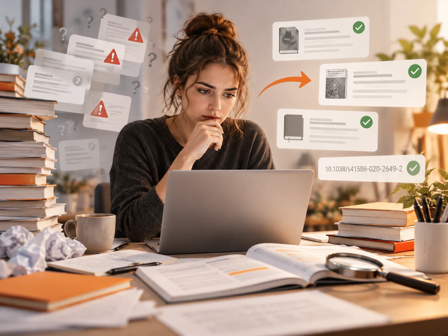 Studentin prüft wissenschaftliche Quellen und Literaturangaben am Laptop
