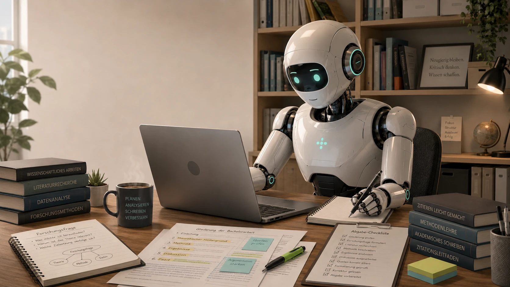 Humanoider KI-Roboter beim Schreiben einer Bachelorarbeit an einem Laptop