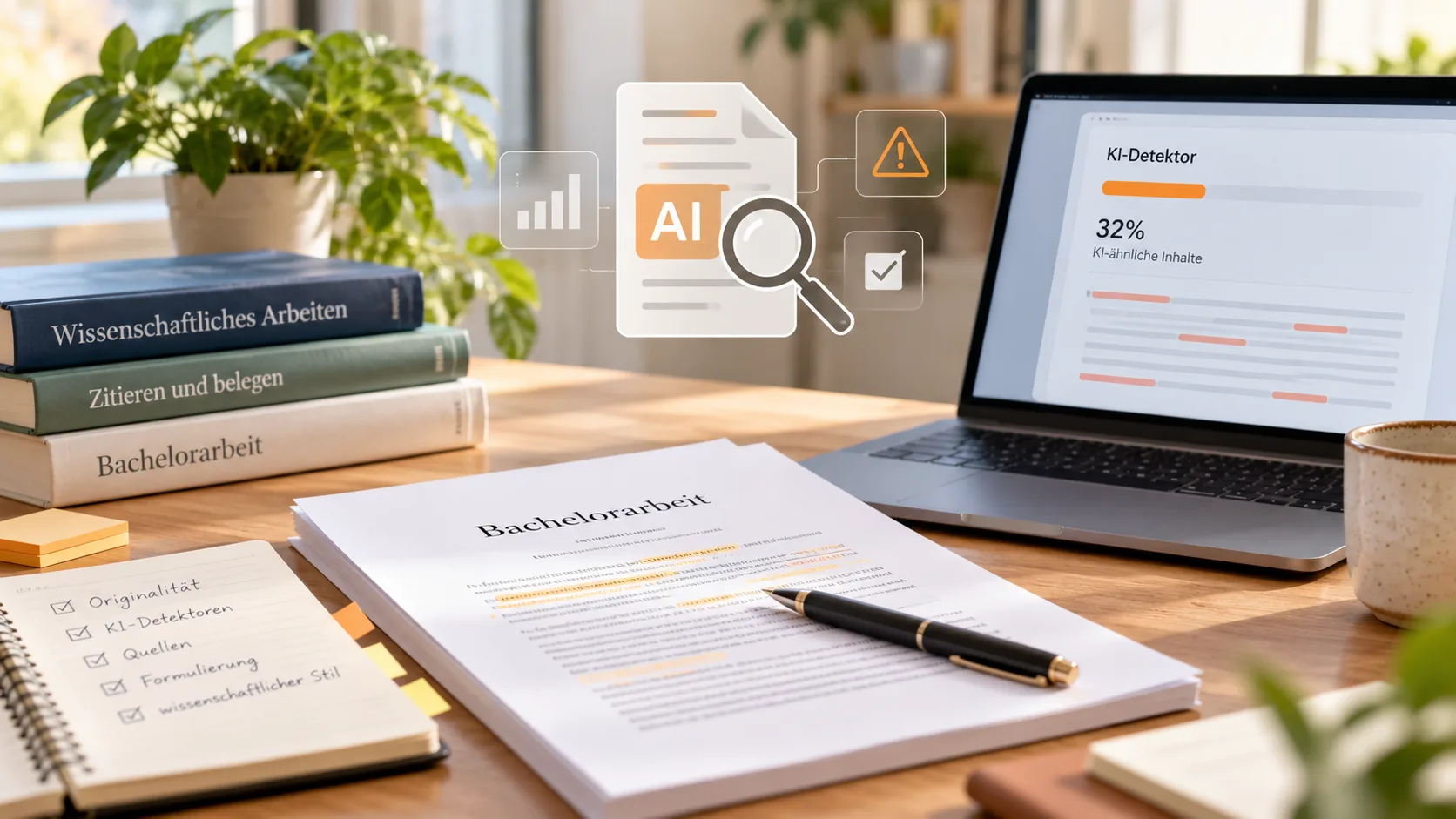 Symbolische KI-Detektor-Anzeige neben einer Bachelorarbeit und Unterlagen zum wissenschaftlichen Arbeiten