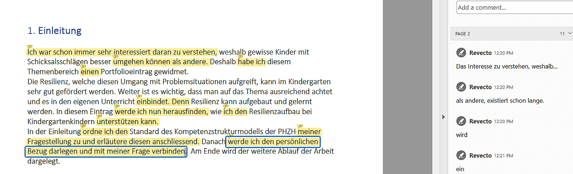 PDF-Dokument mit markierten Textstellen und Kommentaren des Lektorats.
