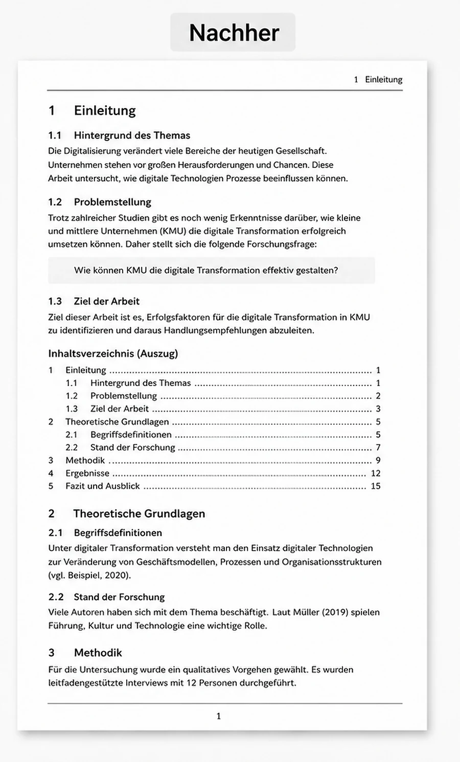 Fiktive Abschlussarbeitsseite mit konsistenter Formatierung nach der Überarbeitung.