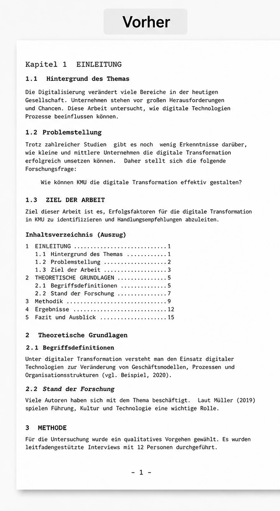 Fiktive Abschlussarbeitsseite mit uneinheitlicher Formatierung vor der Überarbeitung.