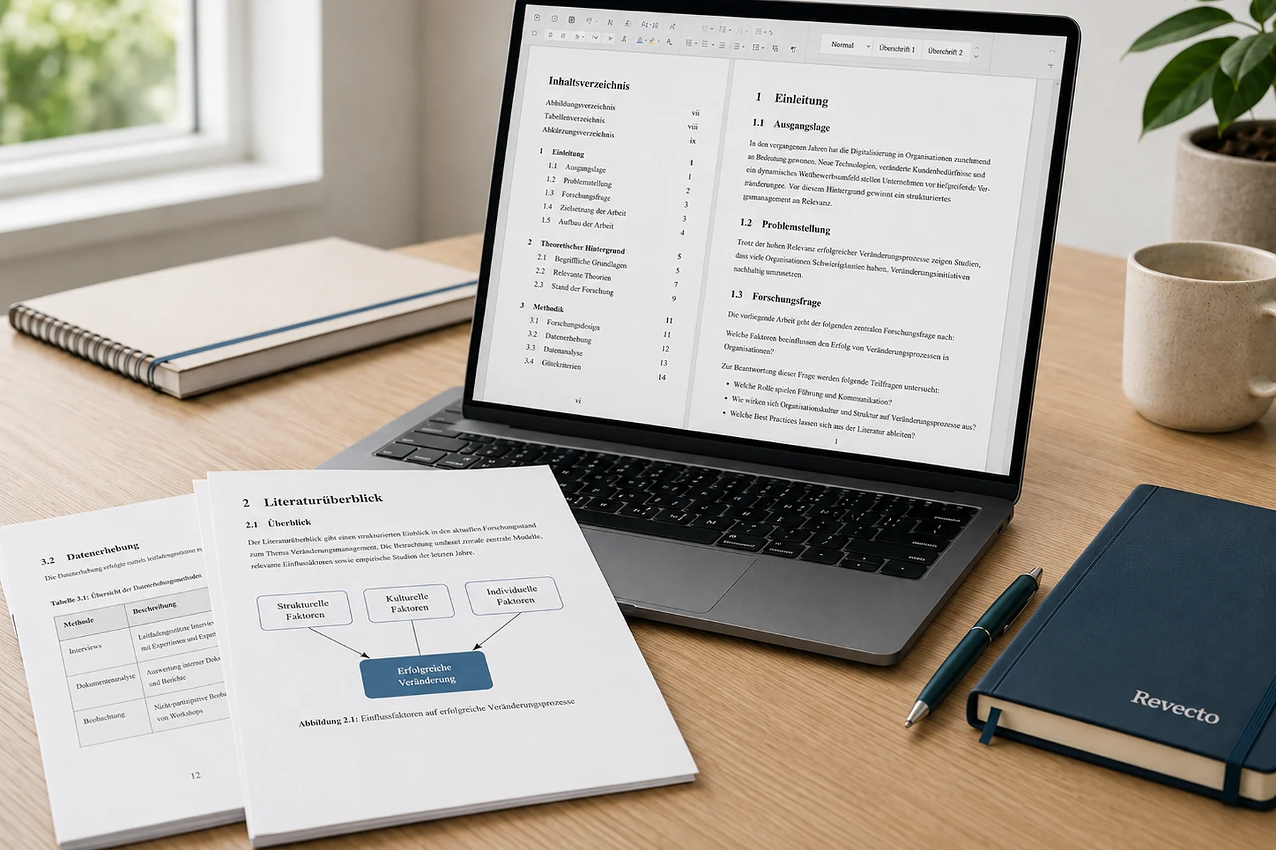 Laptop mit einer fiktiven, sauber formatierten Abschlussarbeit sowie ausgedruckten Beispielseiten auf einem Schreibtisch.